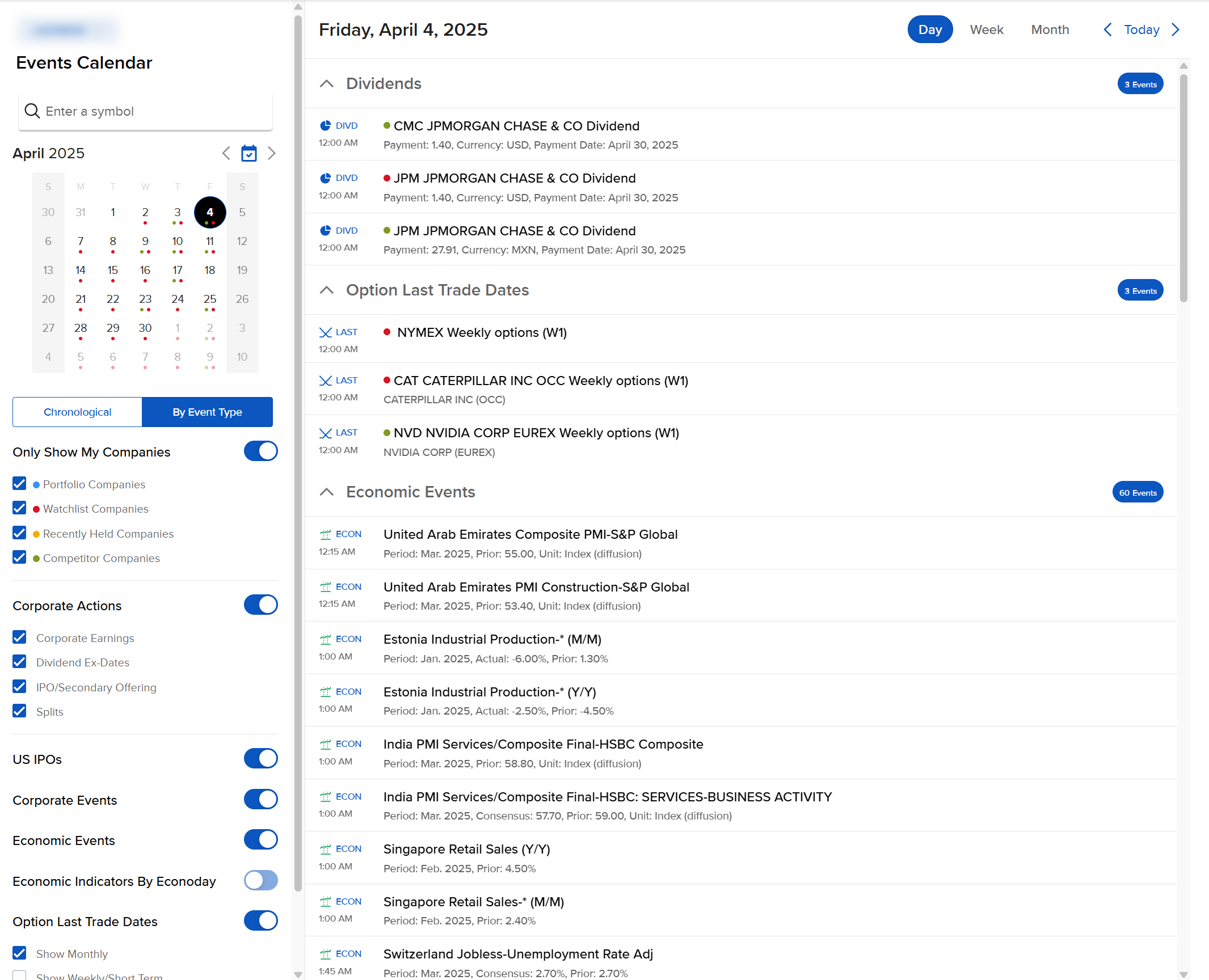 Image of the events calendar panel in portal. 